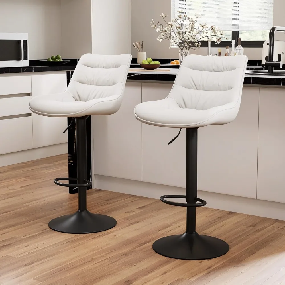 Adjustable Bar Stools Set of 2, White Faux Leather Swivel Bar Chairs,Upholstered Back Counter Bar Stools Loads up to 300 Lbs