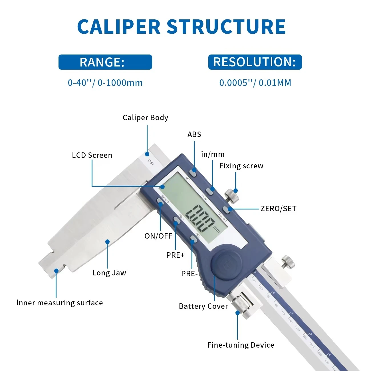 40''1000mm Electronic Digital Caliper Ruler Heavy Duty Long Jaw Digital Caliper Stainless Steel Caliper