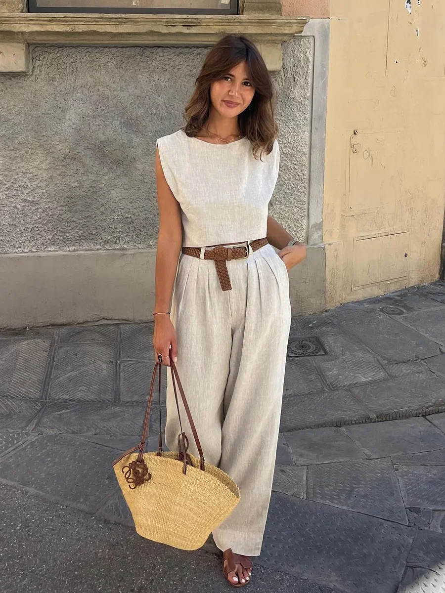 

Fmxires 2025 New Linen Vest Pants Set Women's Autumn Office Lady Chic Short Vest Casual 2-Piece Set Female Long Pants Suits