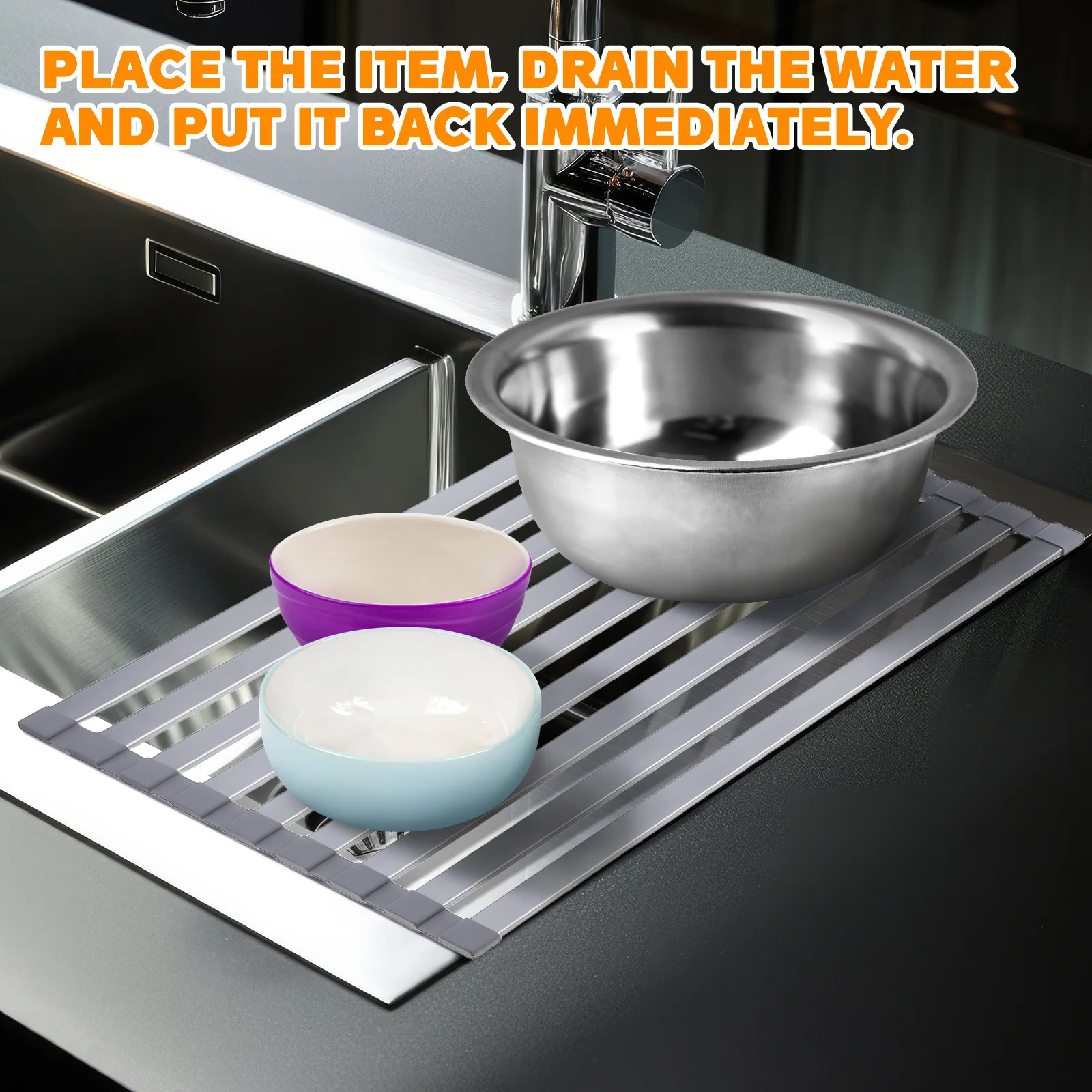 Foldable Over Sink Kitchen Water Drain Rack Multipurpose Roll Up Dish Drying Rack Expandable Compact Collapsible Drainer