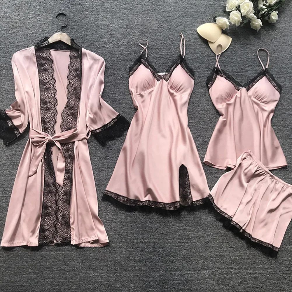 Nightdress Pajamas Set 4PCS Home Clothes Lace Dress Nightgown Nightwear Robe Sleepwear Solid Color Comfortable