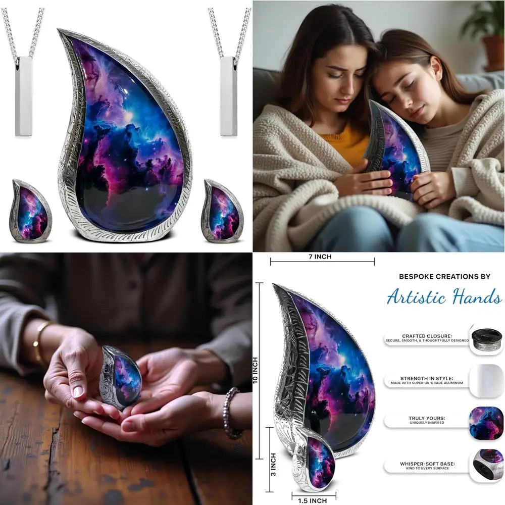 مجموعة جرة حرق الجثث للبالغين صديقة للبيئة - جرة جنازة كبيرة بتصميم دمعة للرماد البشري، تستوعب 220 رطلًا، تتضمن 2 صغير