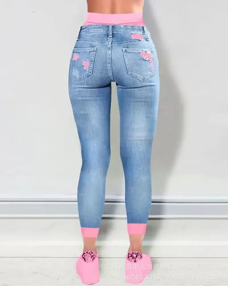 Sahte iki parçalı Patchwork kesme yırtık kot kadın ayak bileği uzunluğu moda rahat yüksek bel kalem pantolon Denim