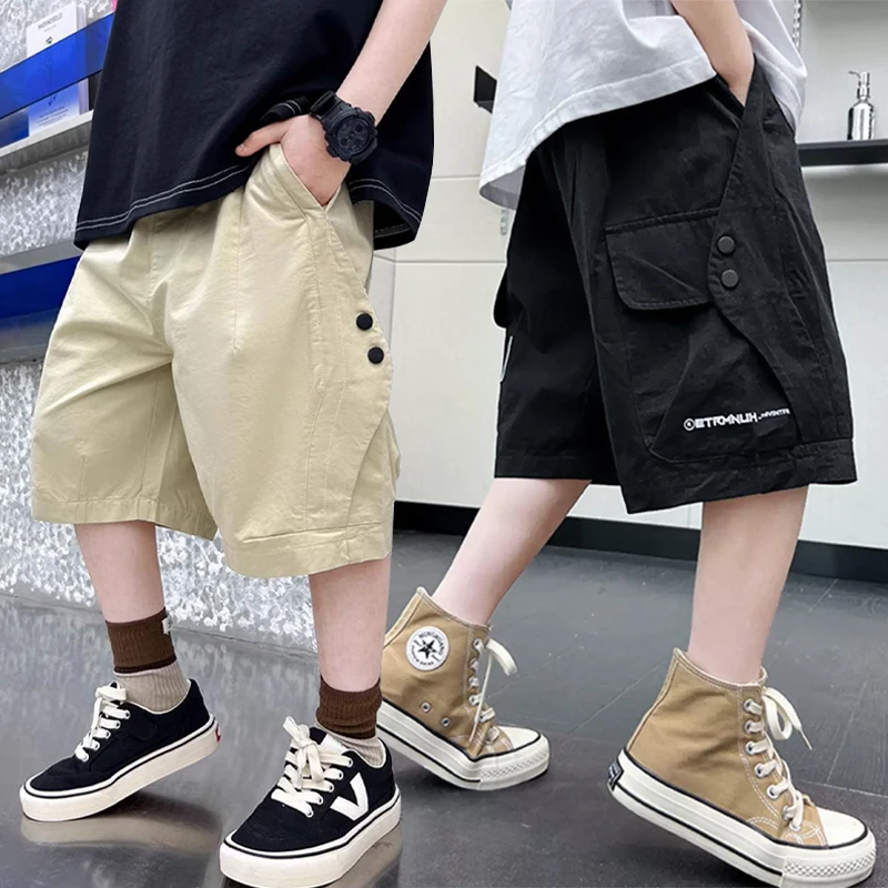 New Summer Teen Boys Cotton Cargo Shorts Loose Solid Color Knee-length Pants For 4-14Years Kids Children Casual Outdoor Trousers