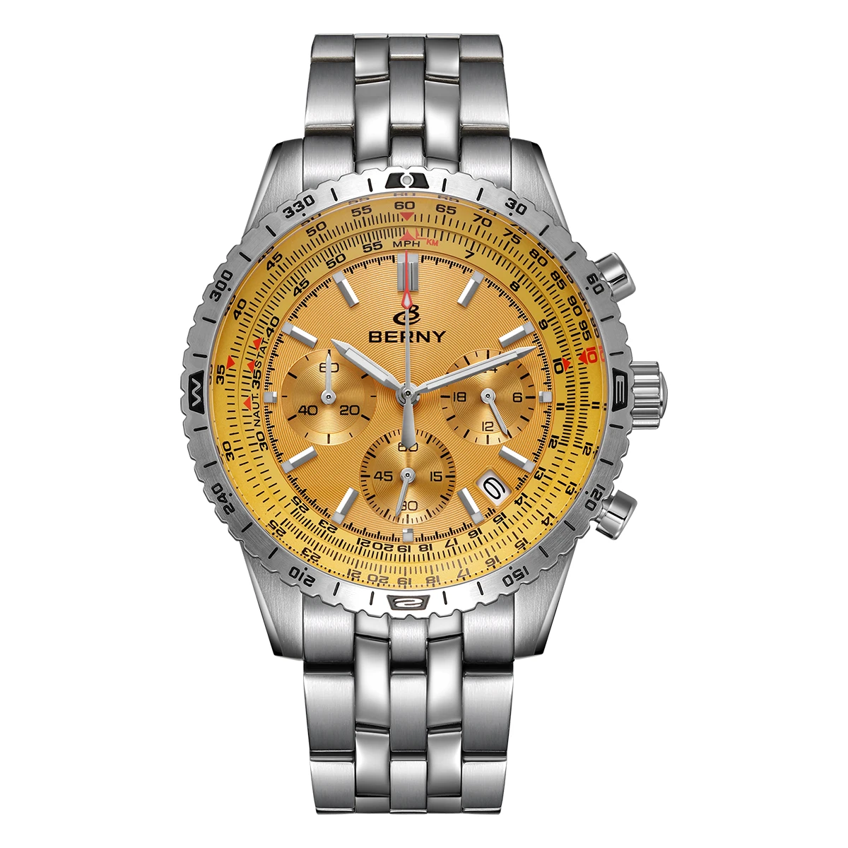 

BERNY Men's Watches Quartz Chronograph Pilot Watch Date Sapphire Full Stainless Steel Super Luminous Luxury Dress Man Wristwatch