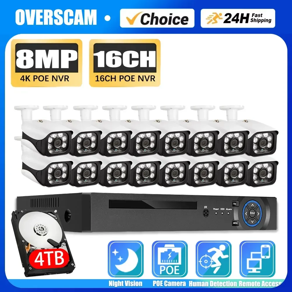 

8MP POE Security Camera System 16CH 4K P2P AI Video Surveillance Kit Audio Record Outdoor Home Street 8MP IP Camera CCTV Nvr Set