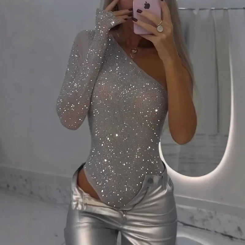 Wiosenne błyszczące diamenty cekinowe body seksowne kobiety drążą jednoczęściowy kombinezon Romper nowe damskie jedno ramię zakrętka tubki Playsuit