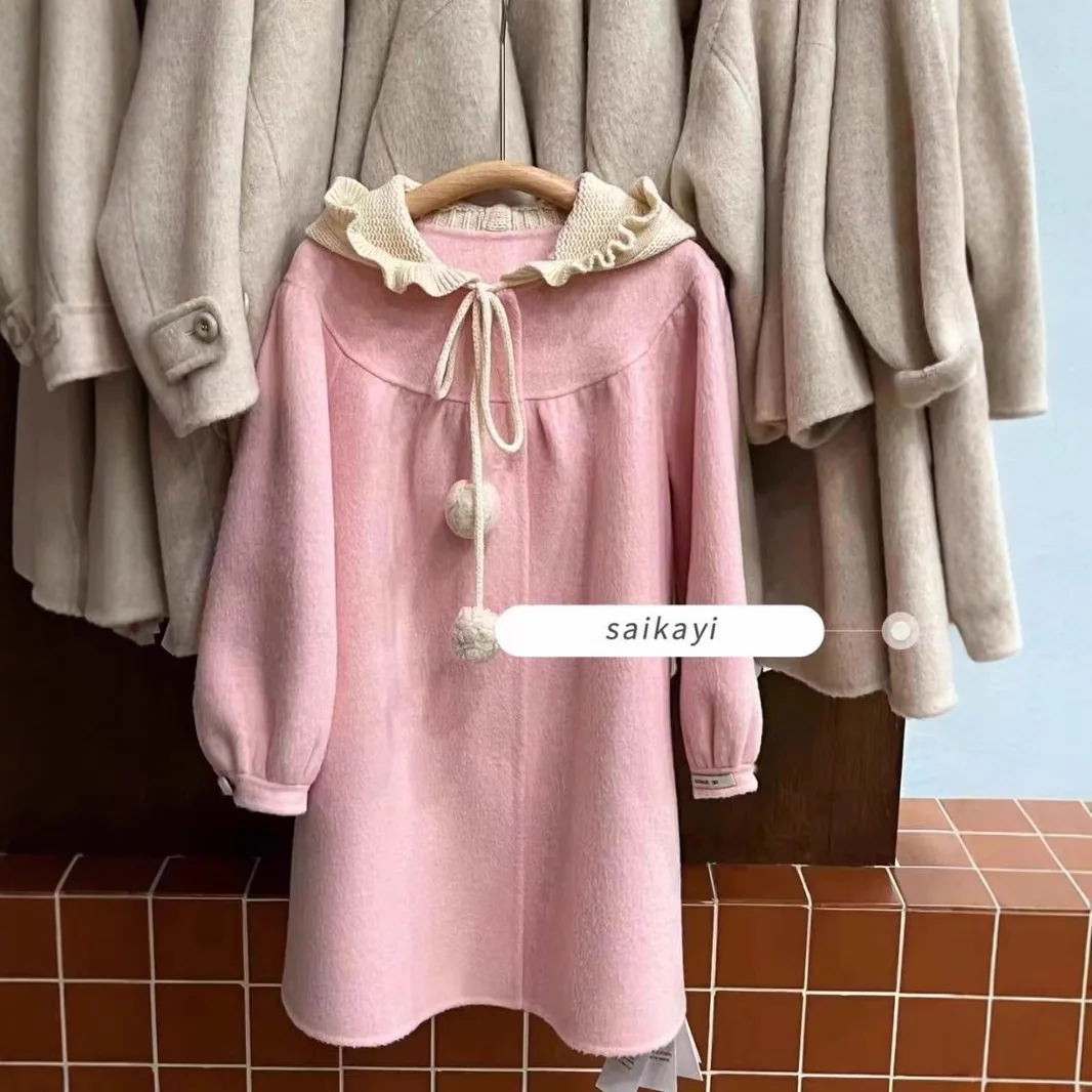 Girls' coat 2024 autumn/winter new children's double-sided cashmere long coat warm top hooded cashmere sweater