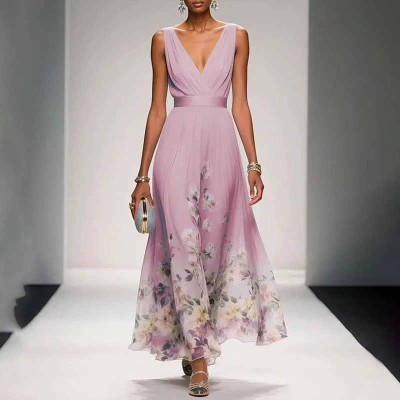 2025 nieuwe sexy v-hals a-lijn galajurken zomer dames hoge taille chiffon bedrukte jurk lente mode mouwloze bohemien jurk