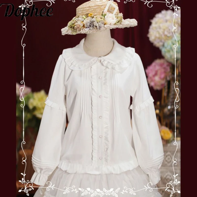 Dophee Originele All-Match Lolita Shirts Vrouwen Korte Mouw Basic Top Schattige Ruches Peter Pan Kraag School Meisje Vesten Jas