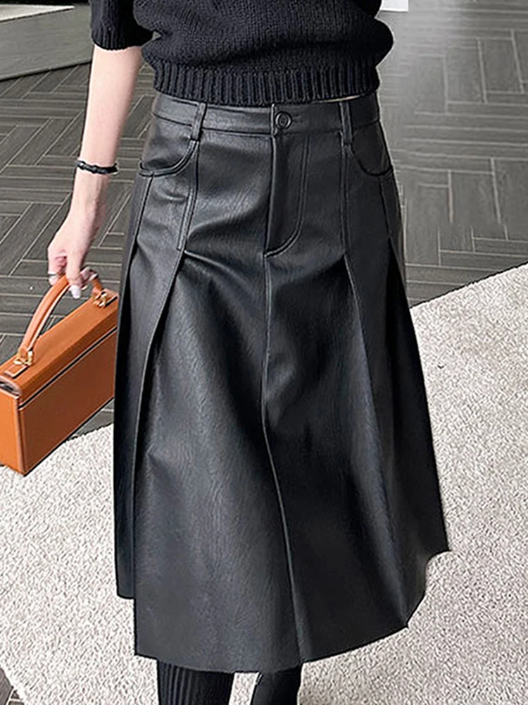 

Vintage Black Pleated PU Skirt For Women High Waist Double Pocket Leather Skirts Autumn Dark Brown Clothing X665