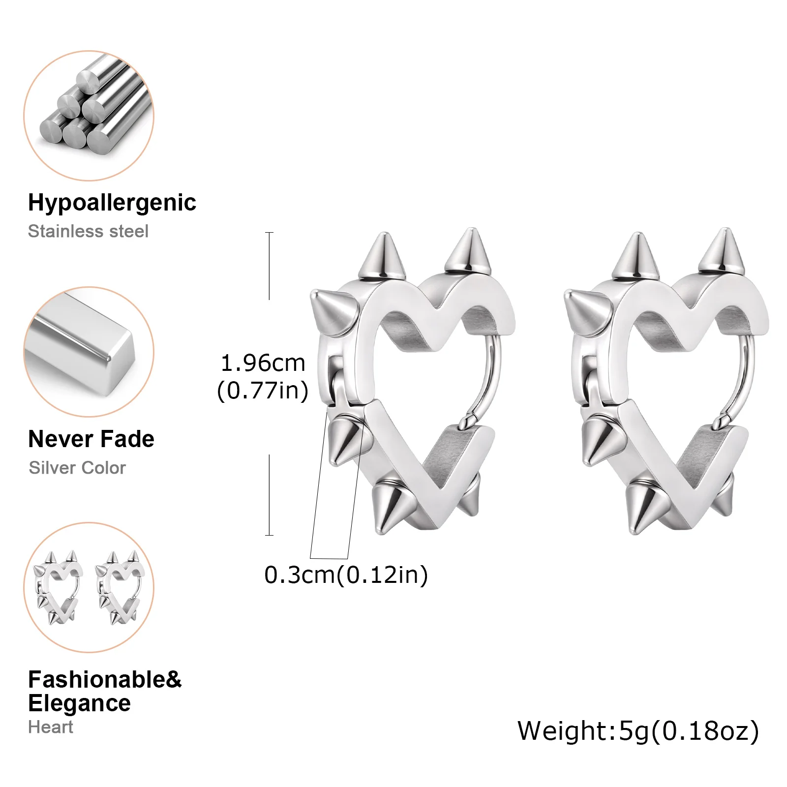 Creative Gothic Punk Rivet Heart Hoop Earrings for Parties