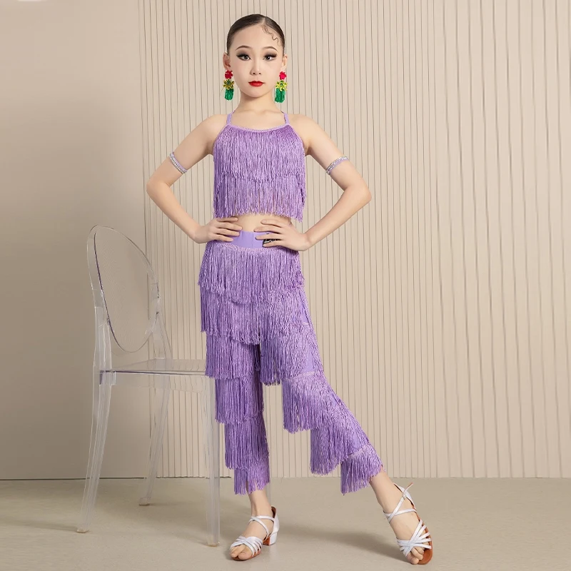 Many Colors Full Fringed Latin Dance Clothing Girls Tassels Top Pants Children\'S Samba Chacha Salsa Latin Dance Costumes SL9914