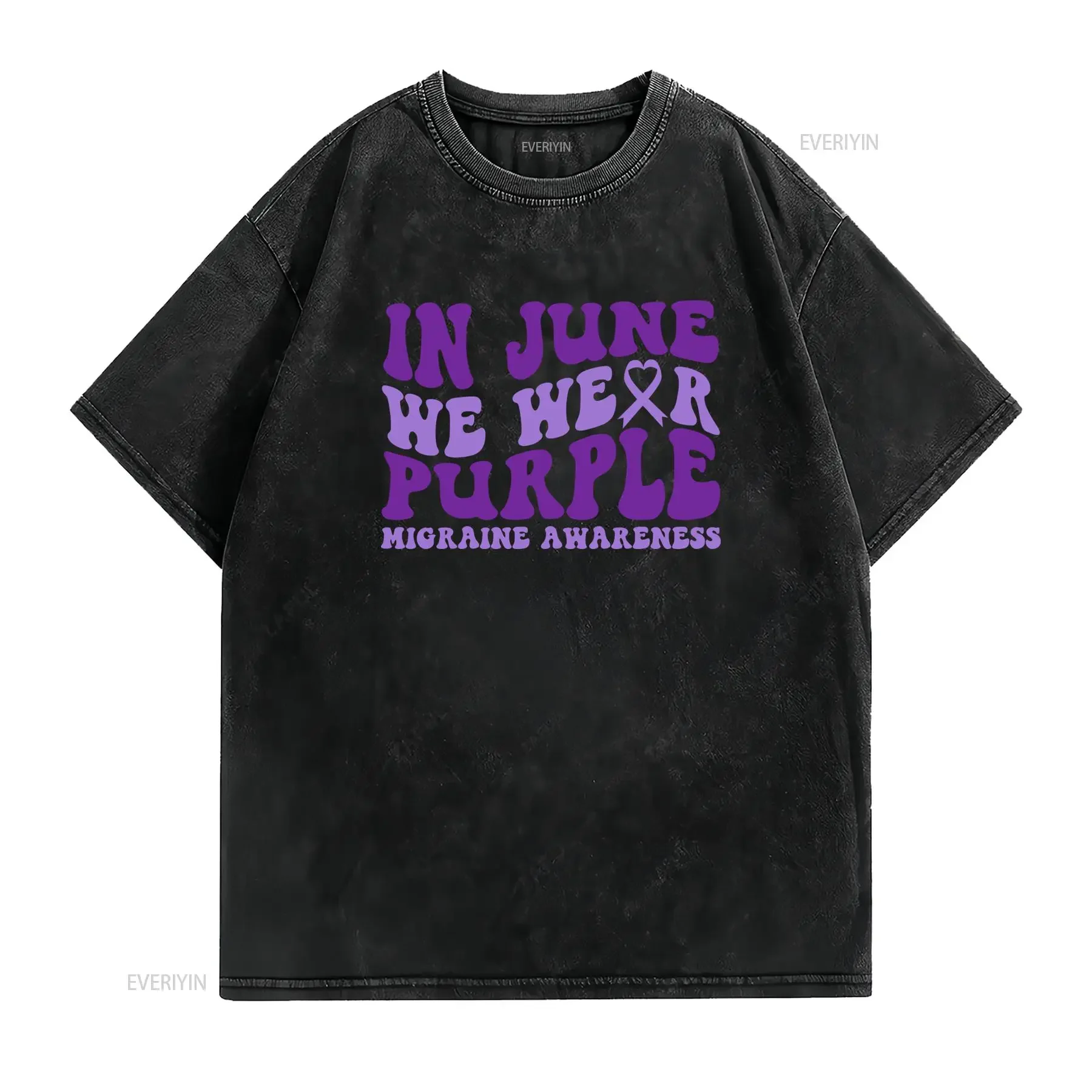 Retro Groovy Migraine Awareness In June We Wear Purple Ribbon Print Casual T Shirt vintage Washed Top For Everyday Wear Unisex