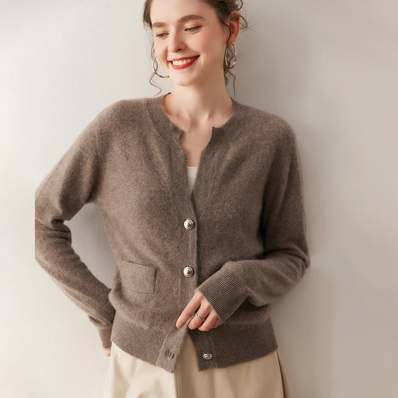 Damski sweter z kaszmiru 100%, dekolt w serek, metalowe guziki, kardigan, dzianina kaszmirowa, jesienno-zimowa, miękka, codzienna, wygodna bluzka.