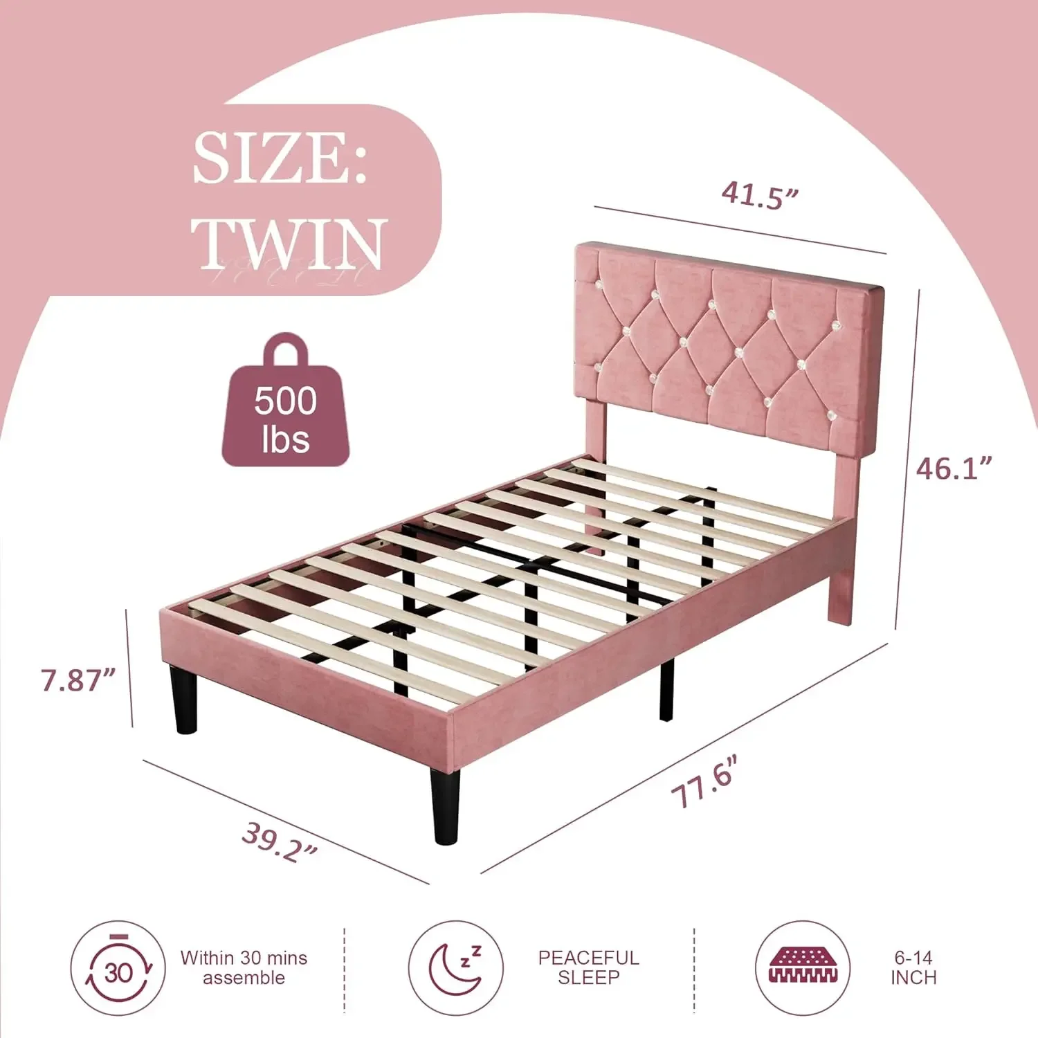 Twin Size Bed Frame, Upholstered Platform with Adjustable Diamond Tufted Headboard, Wood Slat Support, No Box Spring Need