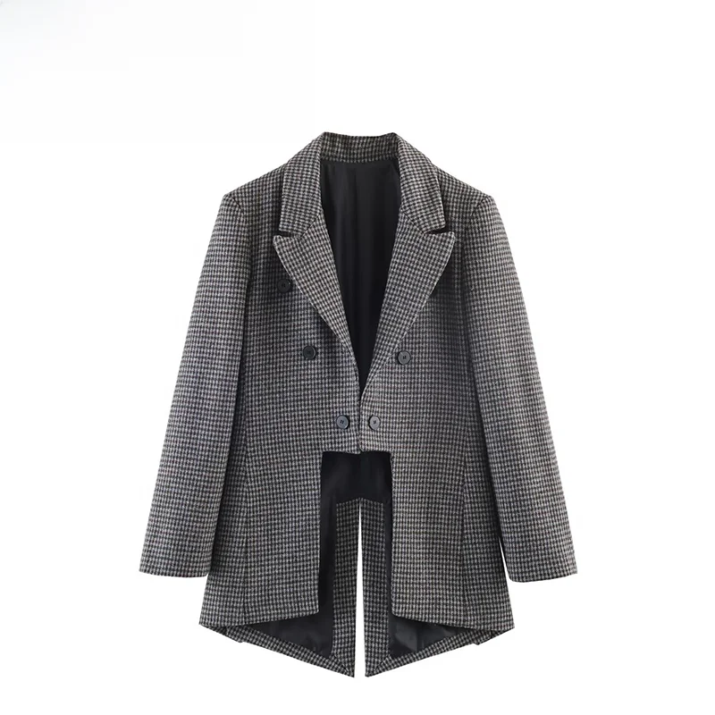 

Весенняя новинка: Асимметричный клетчатый пиджак ZR для женщин, модная верхняя одежда с длинными рукавами из полиэстера, универсальный стиль 2026
