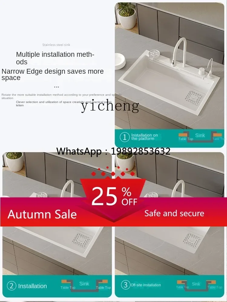 Immagine 3: Lavello singolo Y1 bianco in acciaio inox 304 per cucina, grande vasca per verdure e dispensa
