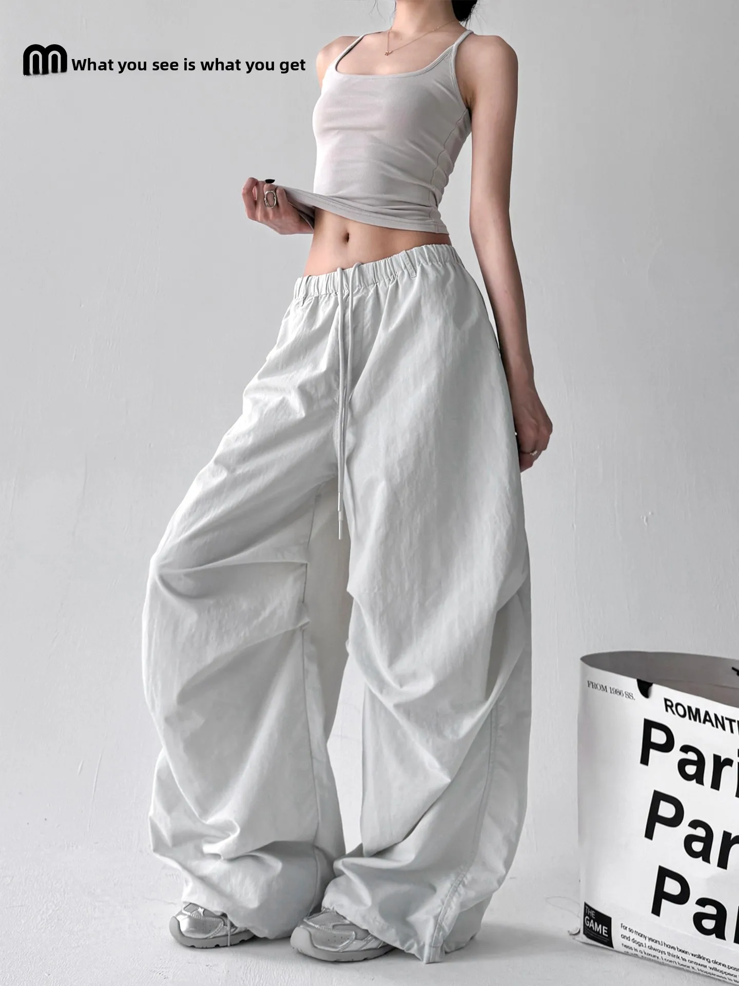 2025년 여름 여성 캐주얼 스포츠 얇은 하이웨이스트 루즈 스트링 와이드 레그 팬츠 다용도 작업복 바지 출퇴근용