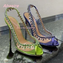 Pvc Crystals Slingback Pumps Peep Toe Stiletto Heels Slip On Rhinestone Sandals for Women Summer 2023 New Solid Party Shoes Sexy