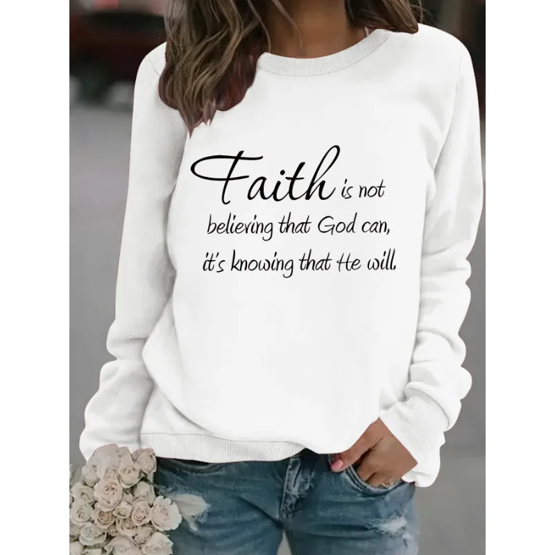 Women's Casual Long-sleeved Round Neck Faith Is Printed Pullover Sweatshirt Hoodie Sweatshirt  Clothes  Streetwear Women