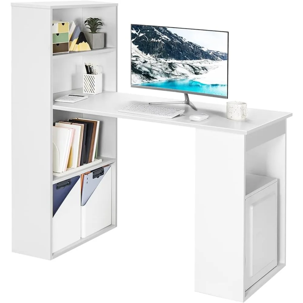 

White Computer Desk with Bookshelf,Storage Shelves & CPU Stand,Sturdy Desk for Home Office Writing Workstation