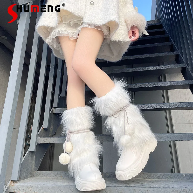 Y2k Sweet Cool Pink Buckskin Rope Foot Socks Woman Autumn and Winter JK Hot Girl Long Fur Bunching Imitation Fur Ball Leg Warmer