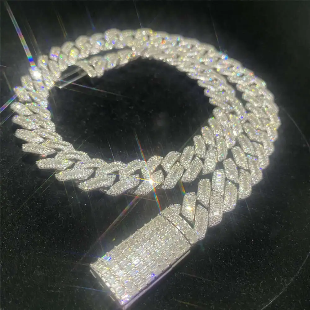 Custom Hip Hop Rapper Thick 15mm Vvs Moissanite Baguette Diamond Miami Cuban Link Chain Bracelet Men Oem 925 Silver Cuban Chain