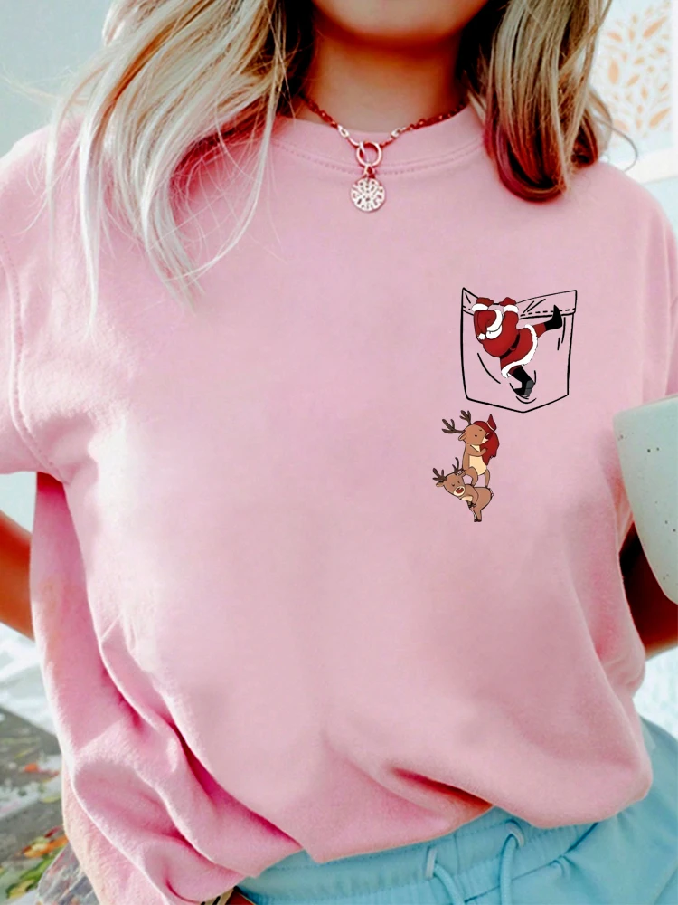 Feliz natal feminino t camisa engraçado papai noel rena bolso impresso t camisa casual feminino adequado para toda a temporada