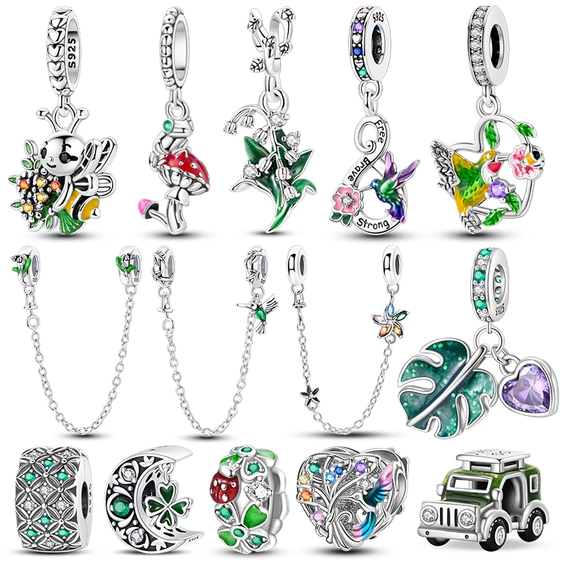 

925 Sterling Silver Bee Holding Flower Frog and Mushroom Pendant Flower Safety Chain Beads Charms Fit Bracelet DIY Jewelry Gift