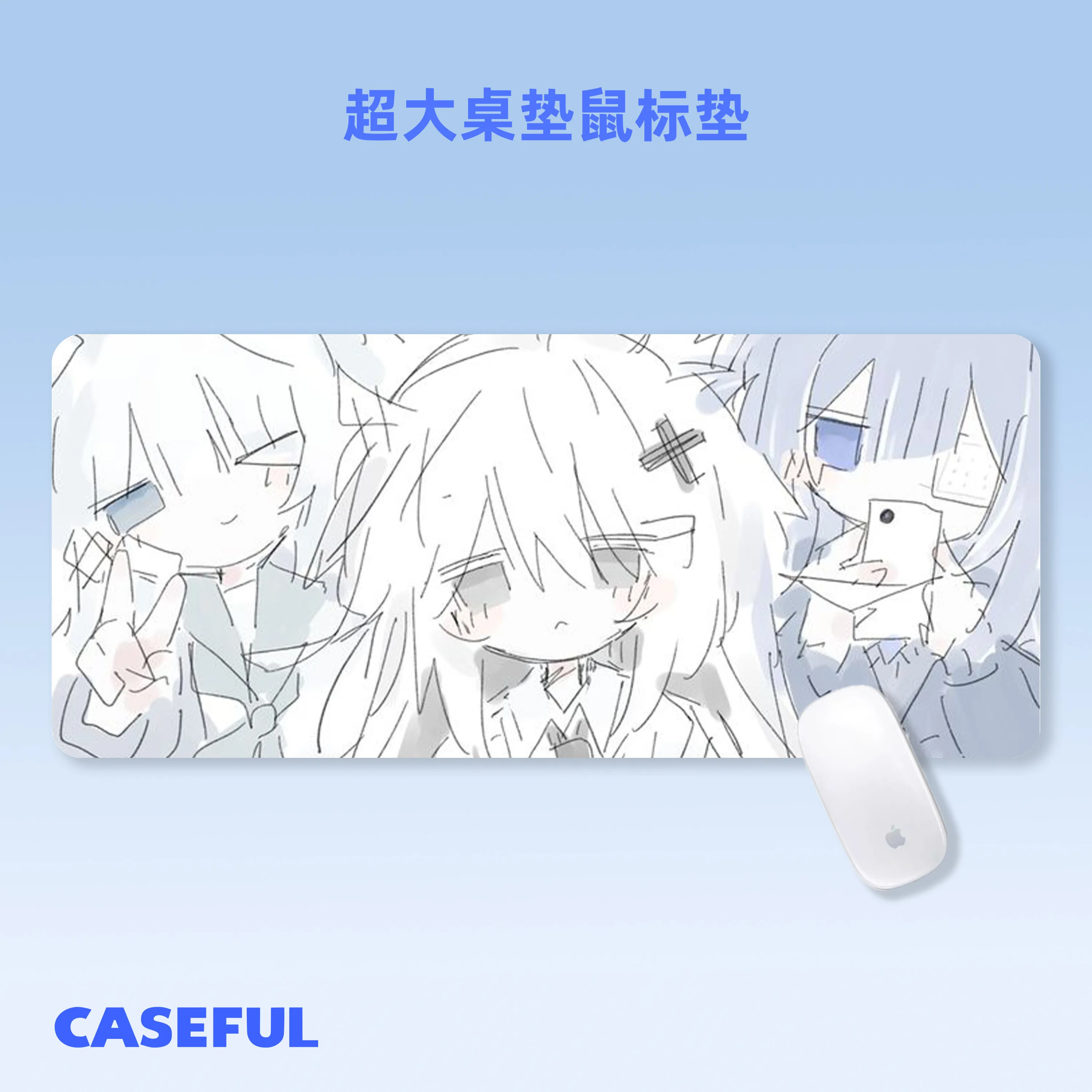 Kawaii Cute Anime Girl Cartoon Illustration Light Blue Rubber Large Mouse Pad Minimalist Decorative Desk Mat Office Study Room