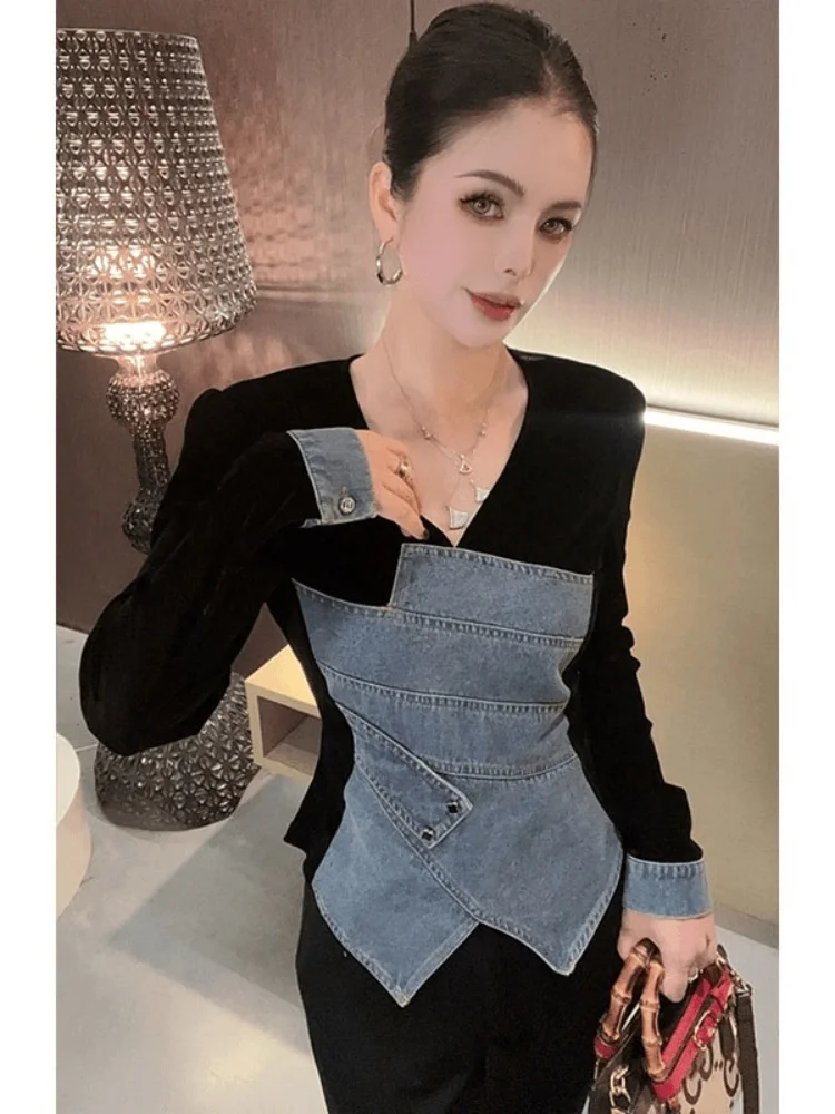 

Trendy Denim Patchwork irt Versatile Korean Sle Loose Fit Long Sve Women's Top Unique Attractively Wear Resistant Dail...