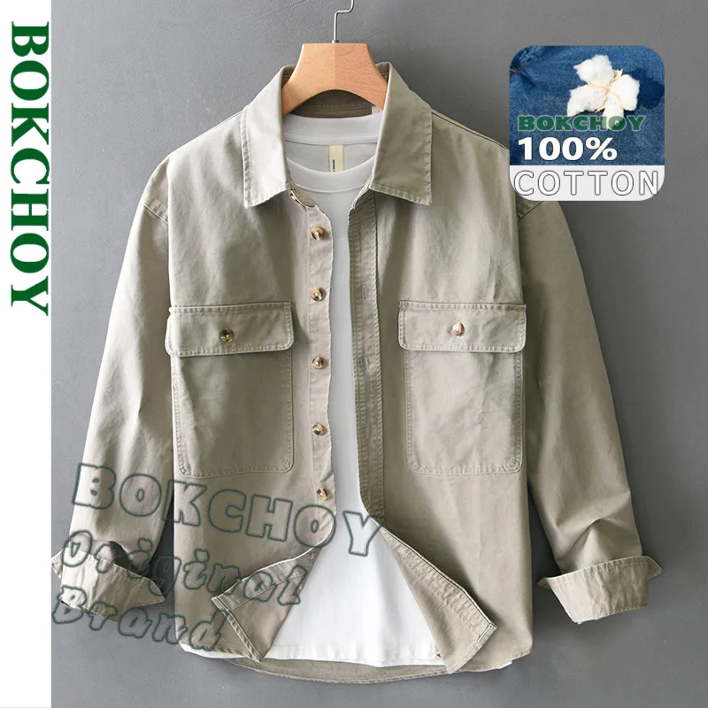 

2025 Spring New Loose Cargo Big Pockets Shirts for Men Clothing Casual Cotton Daily Streetwear Men Tops AZT752