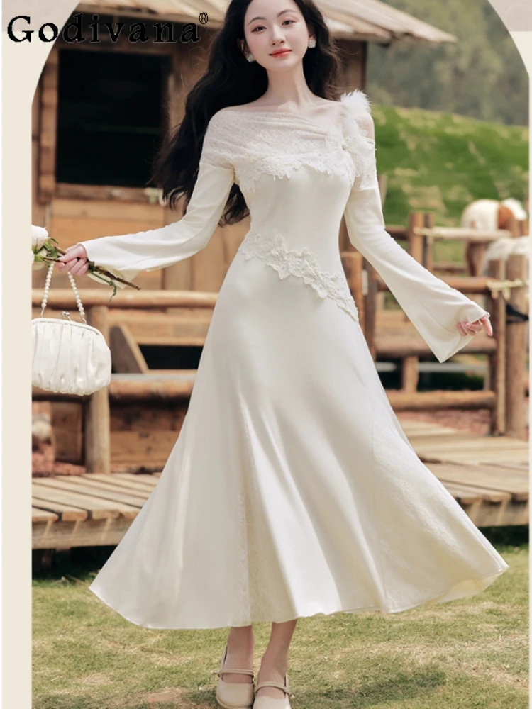 Elegante abito da principessa a coda di pesce a maniche lunghe in pizzo con scollo a barchetta sexy Moda a vita alta A-line Abiti da festa sottili versatili color albicocca