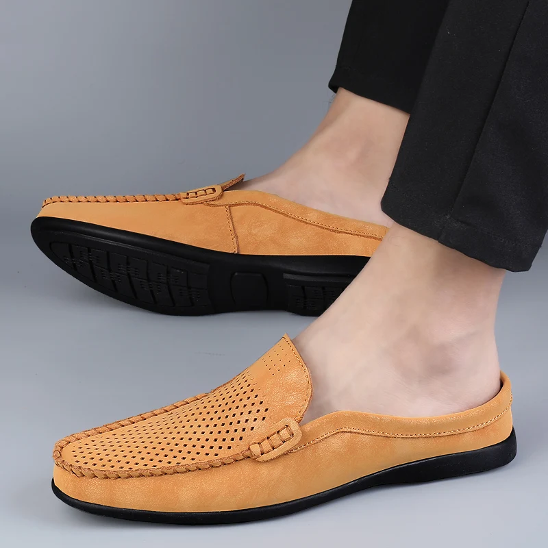 Summer Hollow Out Mules Men Backless Casual Shoes Loafers Half Slippers Lightweight Slip On Flats Leather Outdoor Slides Sandal