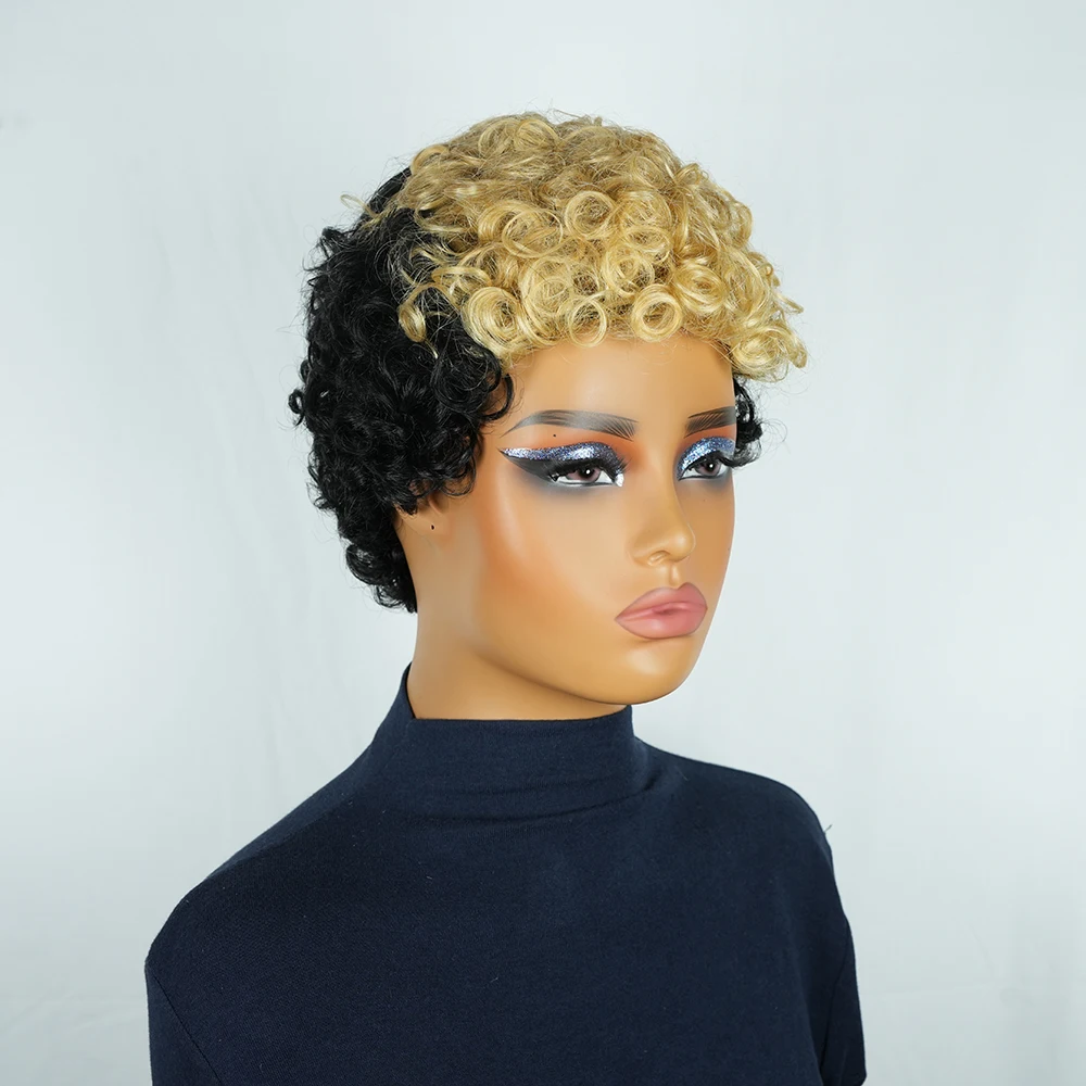 1B 27 вьющихся париков с стрижкой пикси, 100% человеческие волосы для женщин, черный блондин, омбре, модный короткий вьющийся бразильский парик с стрижкой пикси, машинное производство