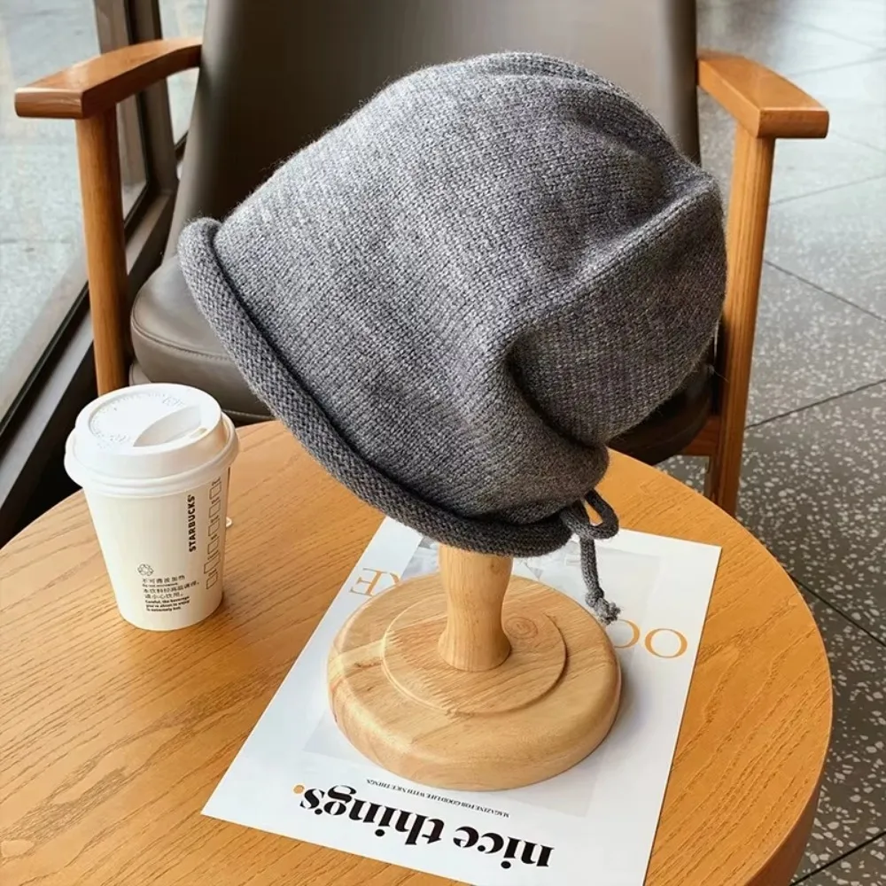 Soft Knitted Baggy Beanie Hat Ear Protection Sweet Solid Color Pullover Hat Y2k Korean Style Drawstring Wool Cap Autumn/Winter