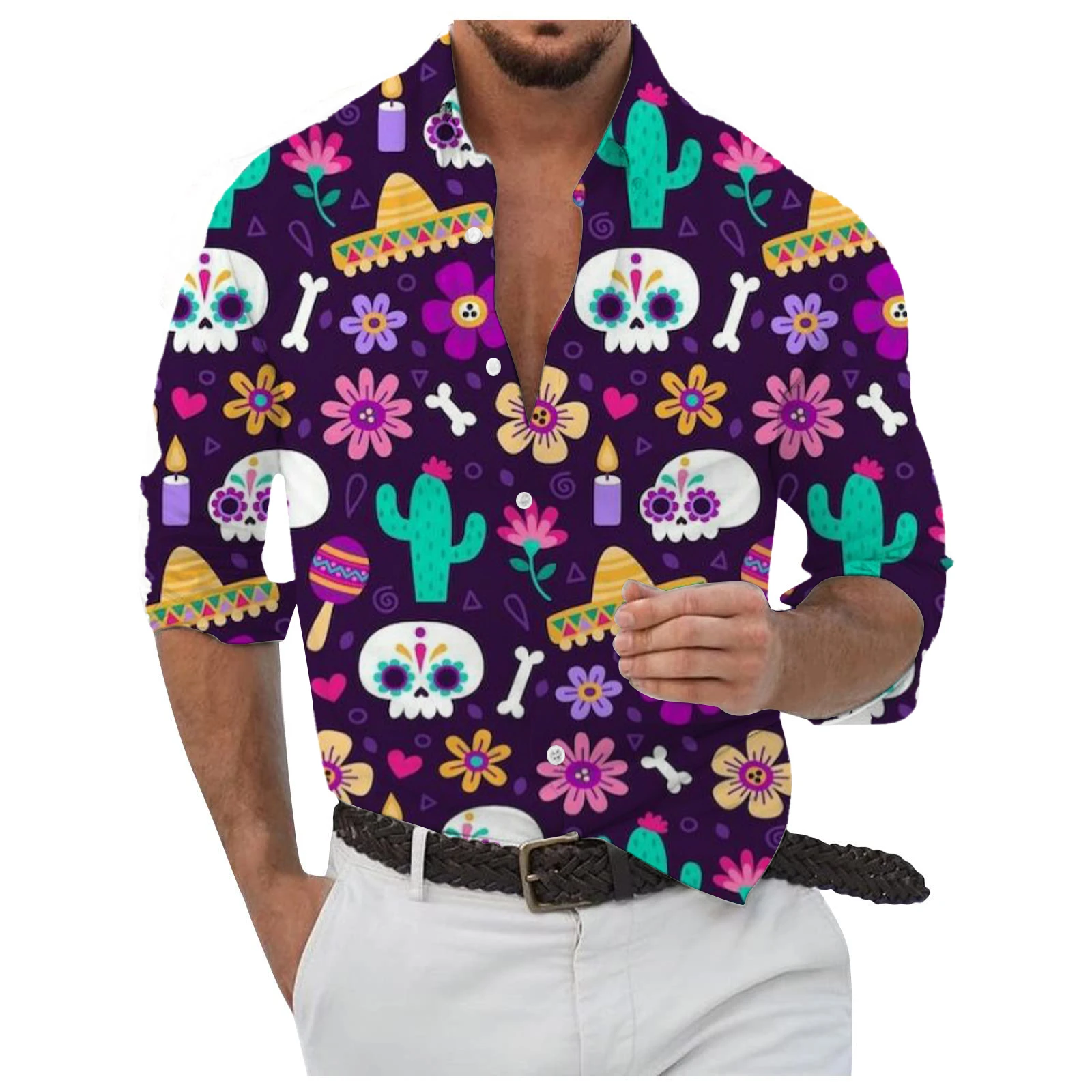 Camisa de manga larga con gráficos de calavera de azúcar de México para hombre, Tops transpirables, camisa de manga larga con patrón temático de halloween, cuello vuelto