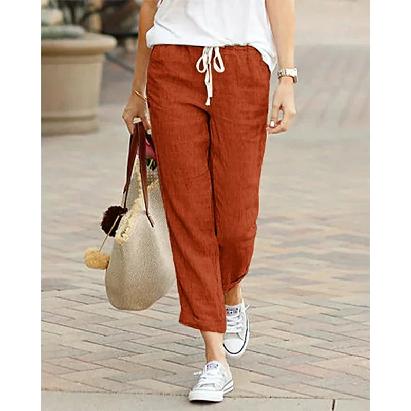 TUSHANGGE Solid Color Drawstring Elastic Waist Women Long Pants Plus Size Pockets All-Match Comfortable Straight Lady Trousers