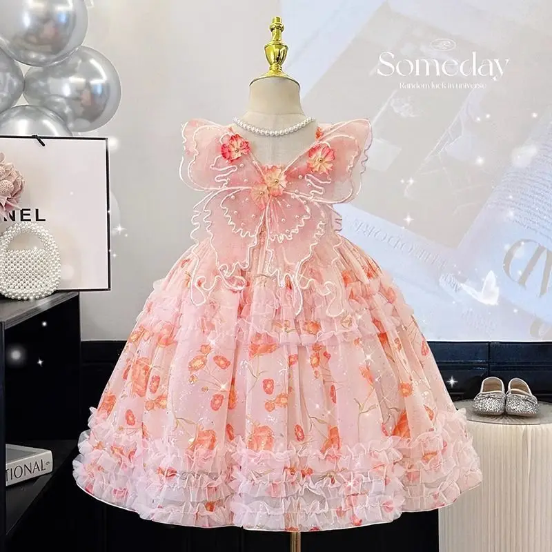 

Girls Summer Floral Dress Fashionable New Style Children's Flying Sleeve Mesh Princess Sweet Fluffy Skirt