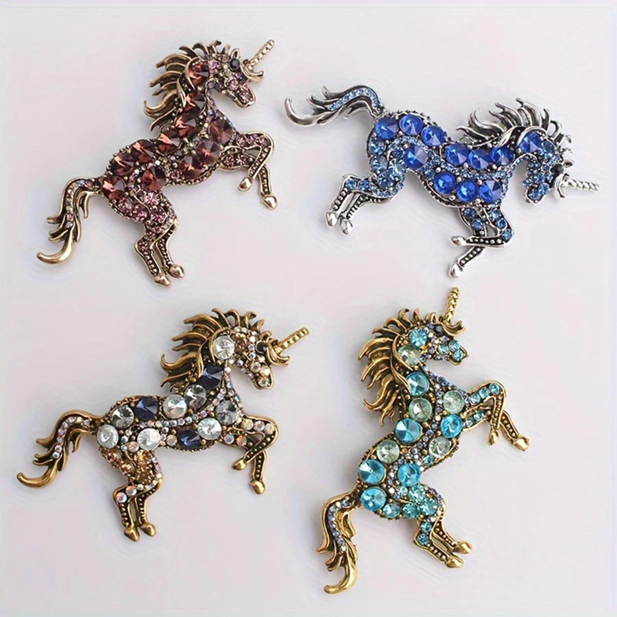 European and American crystal galloping horse brooch antique gold color animal men women clothing accessories jewelry bag badge