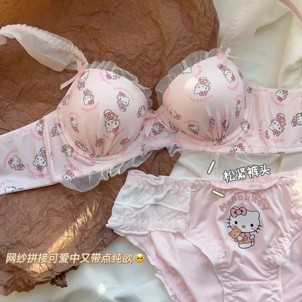 

Kawaii 2Pcs Women Underwear Set Sanrio Y2K Hello Kitty Anime Cotton Small Breasts Thin Bra Underpants Cartoon Student Sweet Girl