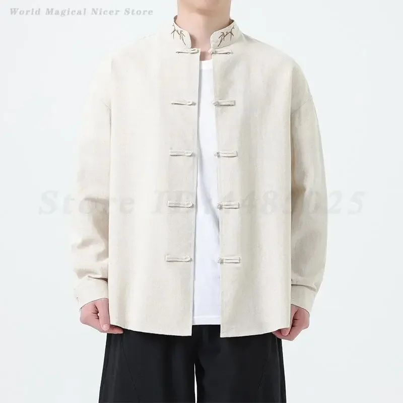 

Long Sleeve Blouse Retro Shirt Plus Size Men Tang Suit Uniform Jacket Chinese Traditional Kung Fu Coat Vintage Button Up Hanfu