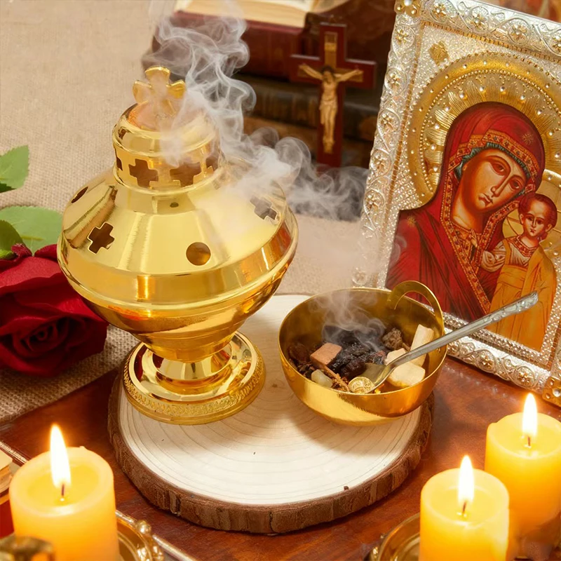 New Traditional Orthodox Table Incense Burner Gold-Plated with Cross Accent Premium Liturgical Vessel for Worship & Devotion