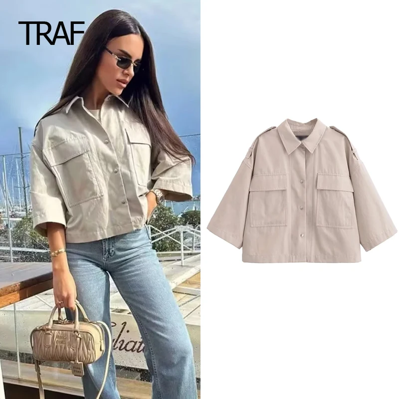 

TRAF Women's Trench Coat Spring Summer 2024 Cropped Coats Lapel Collar Short Sleeves Top Chic And Elegant Female Windbreaker