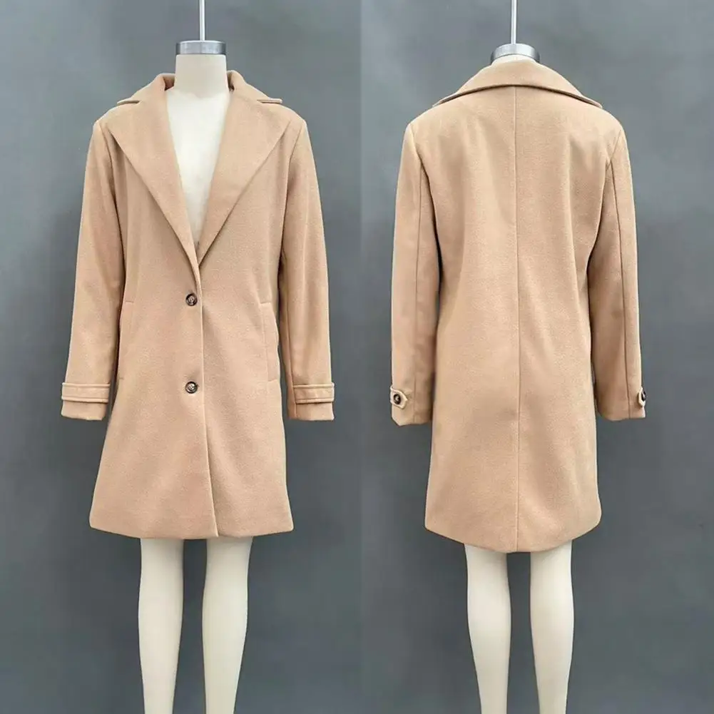 Autumn Outerwear Women’s Wool Long Coat Notch Lapel Overcoat with Pockets Single Breasted Solid Color Trench Coat for Fall
