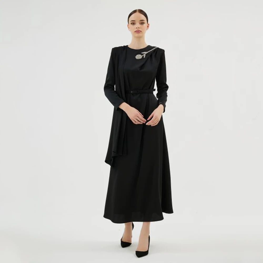 

Elegant Black Evening Dress Ankel Length Prom Dress A Line Formal Party Gown Long Sleeves Beading Saudi Dress With Float