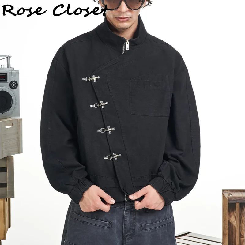 

Casual Women's Jacket Irregular Slanted Collar Metal Button Short Coat Loose Long Sleeve Outerwear 2025 New Autumn Lady Coats