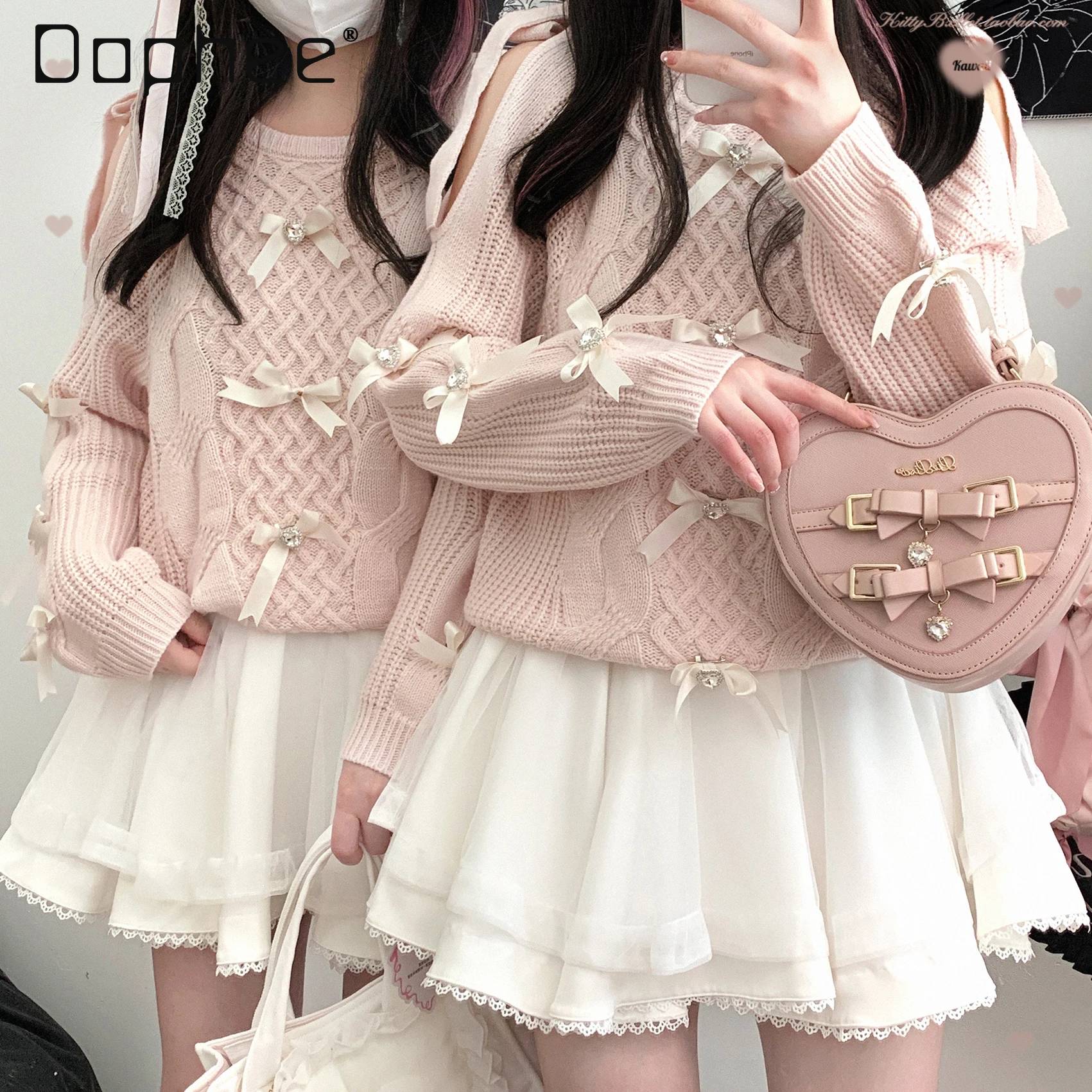 

Sweet Off Shoulder Bow Sweater Long Sleeve Round Neck Lace Up Knitted Pullovers Japanese Style College Lolita Knitwear Tops