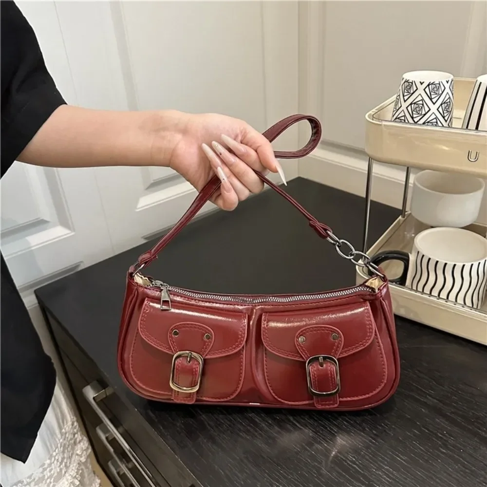 

Fashion Double Pocket Shoulder Bag Glossy Solid Color Underarm Bag PU Leather Zipper Small Armpit Bag Women